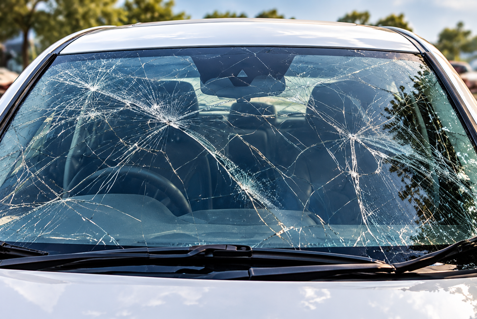 Shattered Windshield with Spiderweb Cracks